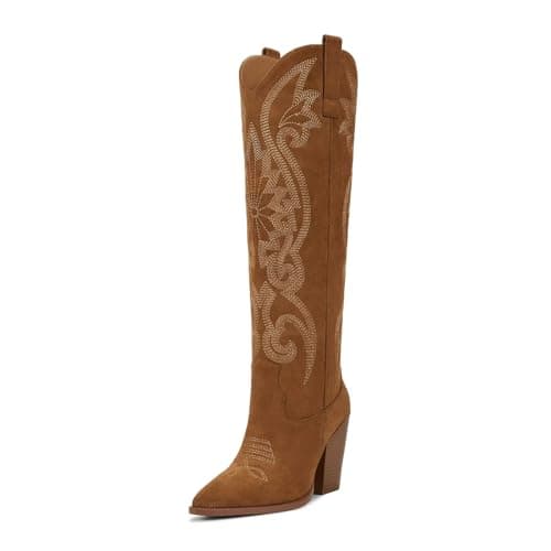 ISNOM Women's Cowboy Knee High Boot with Embroidered Pointed Toe — Suedebrown