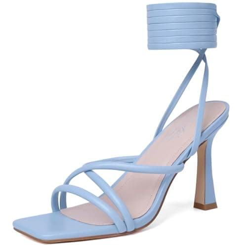 Mostrin Women's Strappy Heels Lace Up Square Toe High Heeled Sandals for Prom, Party & Daily Wear — Light Blue