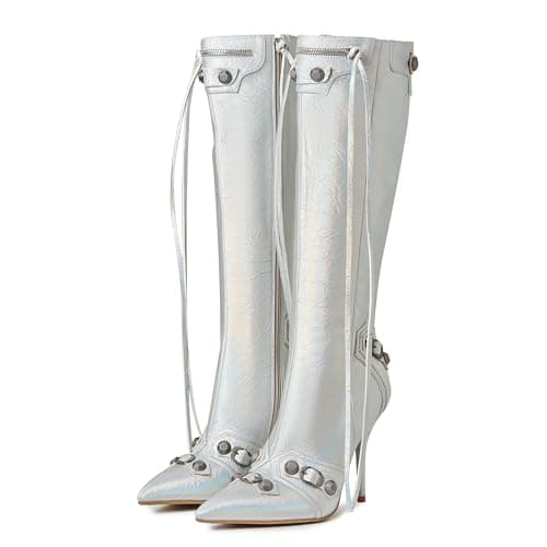 Oiamenne Women's Fashion Knee High Zipper Stiletto Heel Boots — Lasersilver