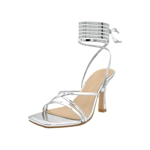 Baffoloo Women's Rhinestone Strappy Stiletto Heeled Square Toe Sandals — Metallic Sliver