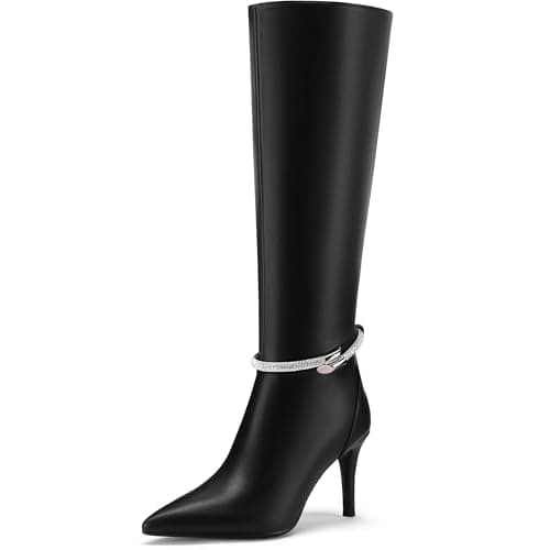FINDVELL Women's Sparkly Rhinestone Knee High Stiletto Boots with Zipper