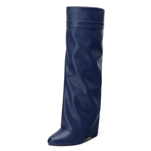 DEMOSHINE Women's Knee High Zipper Fold Over Wedge Heel Boots — Navy Blue