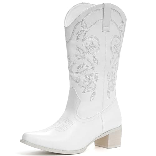 IXU Women's Wide Calf Pointy Toe Mid Calf Western Boots — White