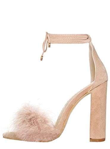 Richealnana Women's Fuzzy Cozy Strappy Feather Heeled Sandals — Baby Pink