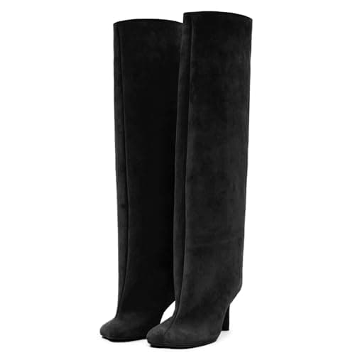 VOMIRA Women's Narrow Calf Nude Suede Knee High Stiletto Boot — Black Suede