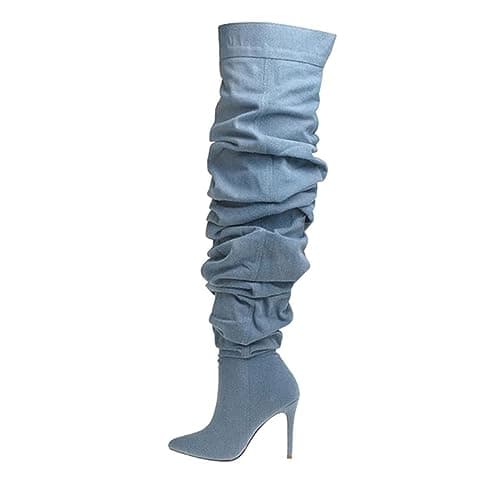 THESHY Women's Denim Over-the-Knee Stiletto Heel Bootie