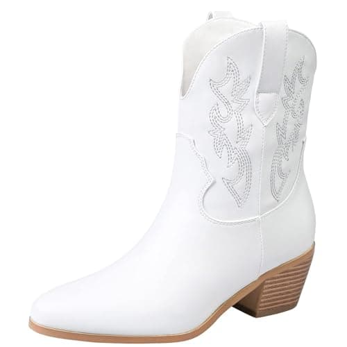 STALOV Women's Embroidered Cowgirl Ankle Boots, Pointed Toe Chunky Heel — White