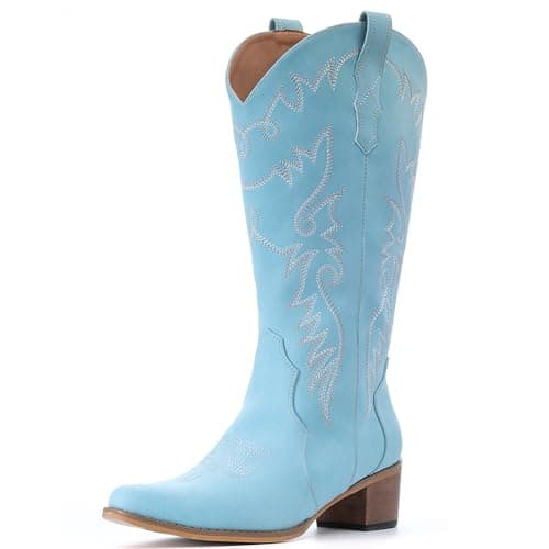 IXU Women's Pointy Toe Mid Calf Western Cowgirl Boots — Blue