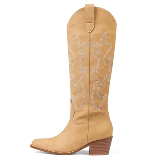 Erocalli White Embroidered Cowboy Boot for Women Knee High Heeled Pull-On — 1 Light Camel