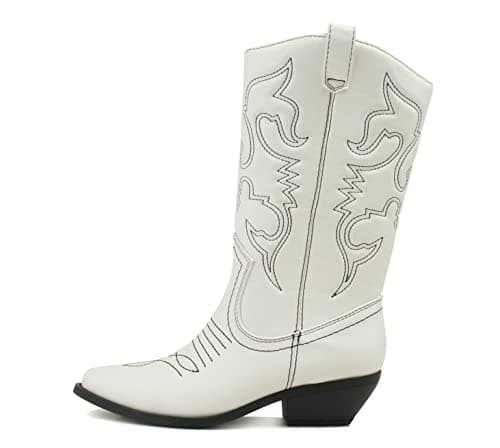 All-White Soda Red Knee High Cowboy Boots with Pull-On Tabs — White Pu/Bk Stitch