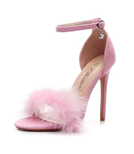 JOEupin Women's Fluffy Marabou Heel Strappy Sandals with Fur — Pink