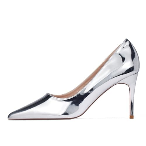 Genshuo Women's 3 Inch Stilettos Closed Toe Dress Pumps — Metallic Silver