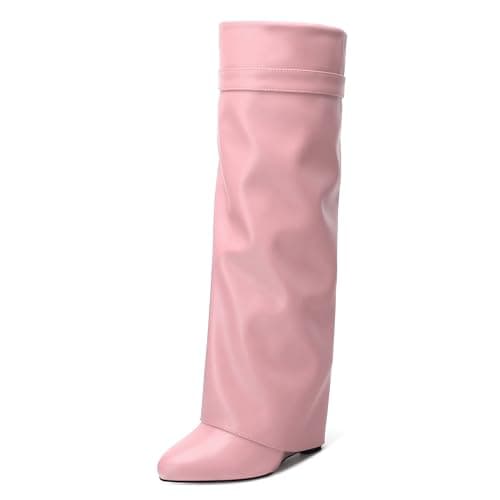DEMOSHINE Women's Knee High Zipper Fold Over Wedge Heel Boots — Pink