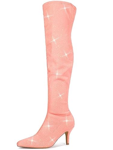 Allegra K Women's Glitter Knee High Stiletto Heels — Light Salmon