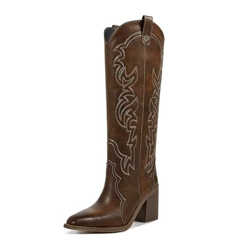 Wetkiss Women's Embroidered Knee High Cowboy Boots with Chunky Heel — Dark Brown/Knee High