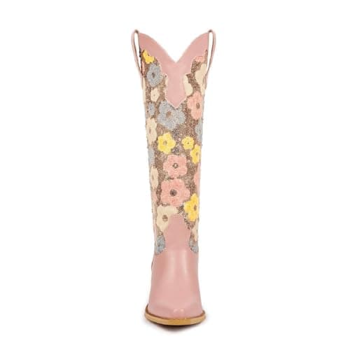 Richealnana Women's Floral Embroidered Western Cowgirl Boots