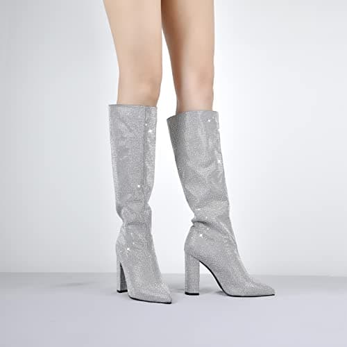 Onlymaker Glitter Rhinestone Knee High Point Toe Boots for Women