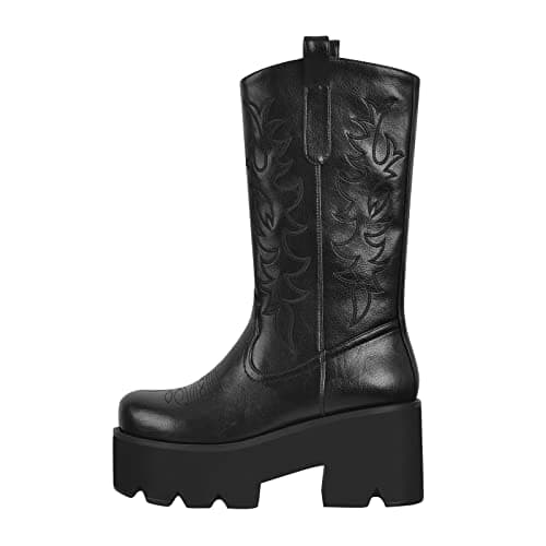 Rich heel Mid Calf Booties for Women Embroidered Knee-High Boots