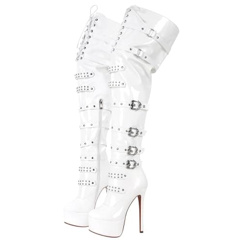 Richéal nini Women's Zipper Lace-Up Thigh High Heels Over-the-Knee Boots — White