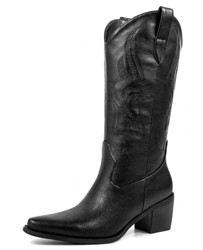 Pasuot Western Mid Calf Boots for Women with Embroidery — Black