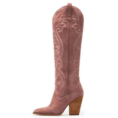 WIRALOMI Women's Embroidered Knee High Cowboy Boots with Chunky Heel — Faux Suede Pink