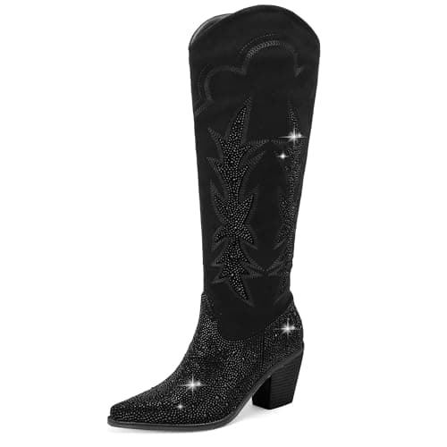 LingxiaUne Sparkly Rhinestone Western Cowboy Boot with Embroidery for Women — Black-1