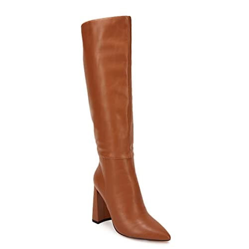 Juliet Holy Women's Wide Calf Chunky Knee-High Go-Go Boots with Side Zipper — Orange Brown