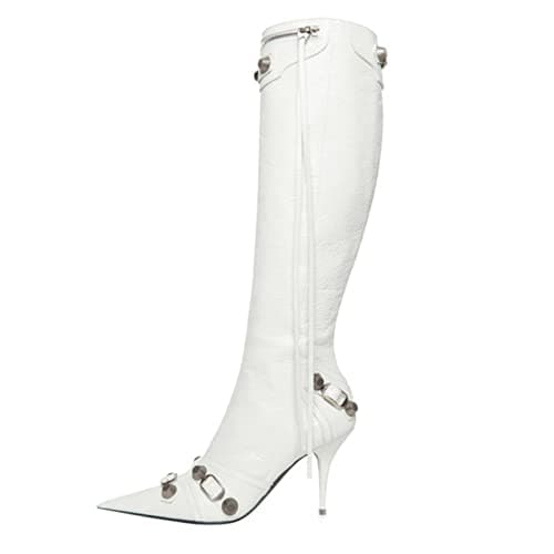 Women's Black Knee High Stiletto Boot TrendsPwd Toe Zippered Heel — White