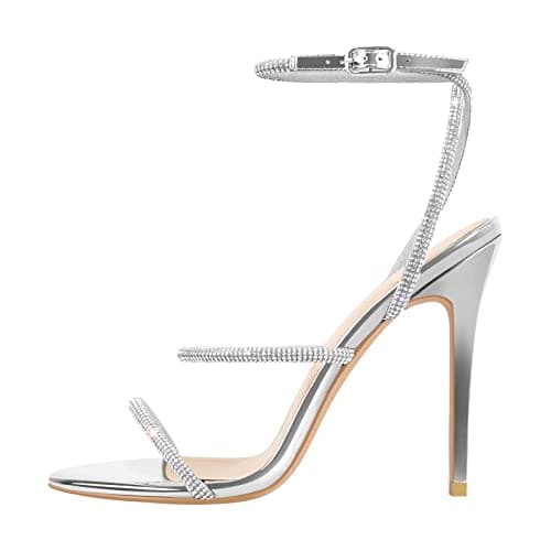 Richéalinni Women's Crystal Stiletto Heel Sandals Buckle Up for Party Dress — Silver