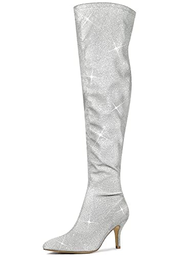 Allegra K Women's Glitter Knee High Stiletto Heels — White Silver