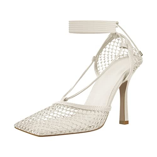 Richealnana Women's Square Toe Mesh Strappy Lace-Up Sandals — Beige