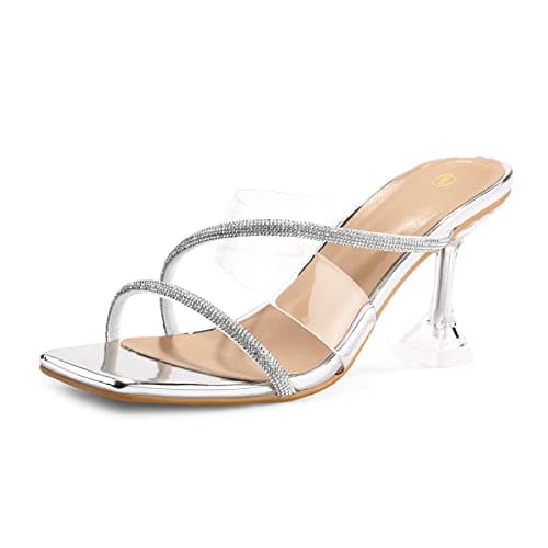 mysoft Women's Clear Stiletto Heeled Sandals Square Toe Open Toe Slip On — Rhinestones Cross