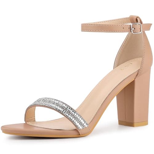 Allegra K Women's Rhinestone Ankle Strap Chunky Heels — Nude