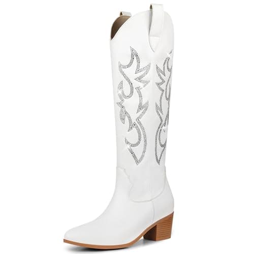 Stalov Western PointedToe Chunky Heel Knee High Cowgirl Boots — White-rhinestone