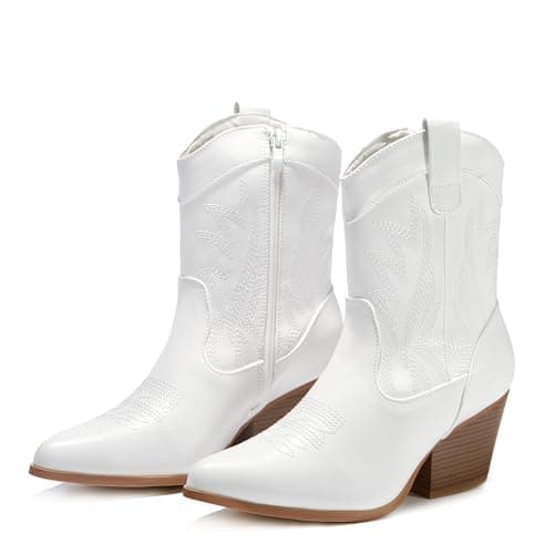 PEPPEP Collection Western Cowgirl Boots for Women, Vegan Leather, Embroidered Mid Calf Heel — Chunky White