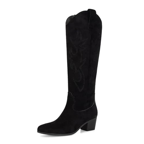 Stalov Western PointedToe Chunky Heel Knee High Cowgirl Boots — 2-black