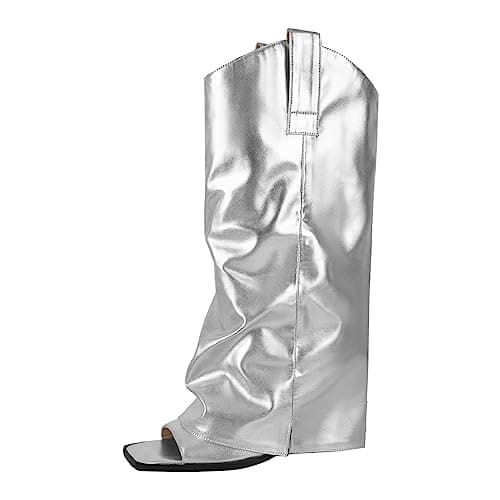 Richealnana Women's Calf High Fold Over Cowboy Boots Jeans Open Square Toe Breathable Pull-On