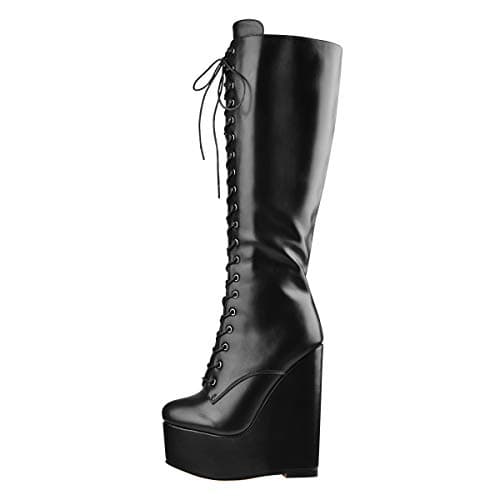 Richealnana Women's Black PU Knee High Zipper Wedge Heel Boots US 7