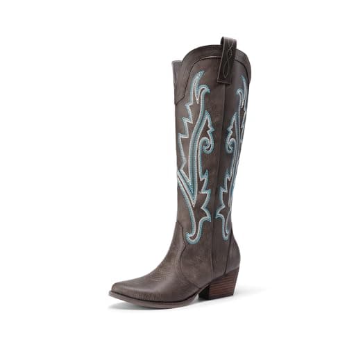 Dream Pairs Retro Women's Cowboy Knee High Embroidered Tall Boot — Brown