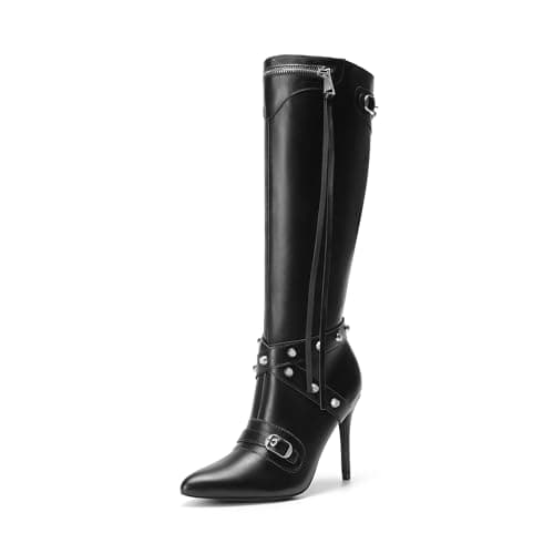 Dream Pairs Women's Metallic Knee High Stiletto Heeled Pointed Toe Dress Boots with Stud Zip Tassel — Black
