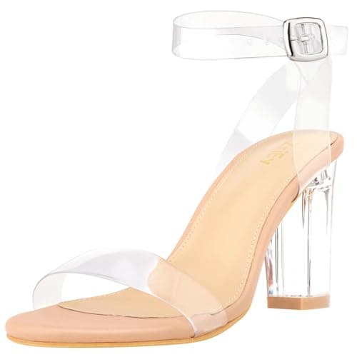 ZriEy Clear Block Sandals for Women Chunky Heels Open Toe Adjustable Ankle Strap Pump — Nude Clear