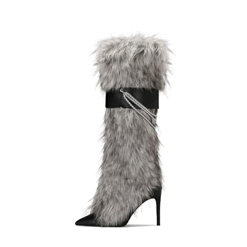 Ouwilov Pink Fluffy Knee-High Boots for Women Warm Winter Fashion — Black