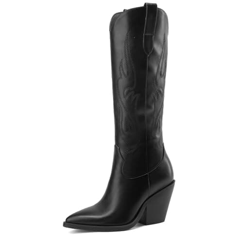 Eurouram Women's Embroidered Pointy Toe Knee High Western Boots — Black