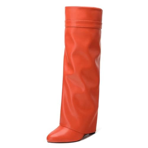 DEMOSHINE Women's Knee High Zipper Fold Over Wedge Heel Boots — Orange