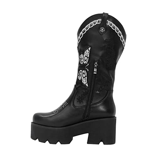 Rich heel Mid Calf Booties for Women Embroidered Knee-High Boots — Butterfly Black