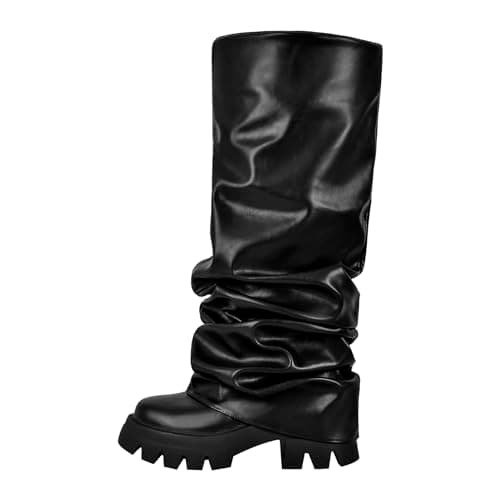 Richealnini Women's Metallic Knee High Pull-On Slouch Heels — Black