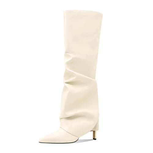 MOTIMODEN Women's Knee High Black & White Pointed Toe Fold-Over Zipper Boots — White