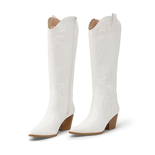 Comfortable Women's Arromic Embroidered Knee High Western Cowgirl Boots — Wht-wide Calf