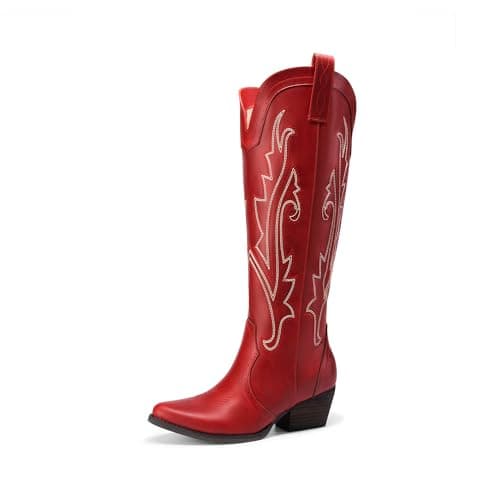 Dream Pairs Retro Women's Cowboy Knee High Embroidered Tall Boot — Red