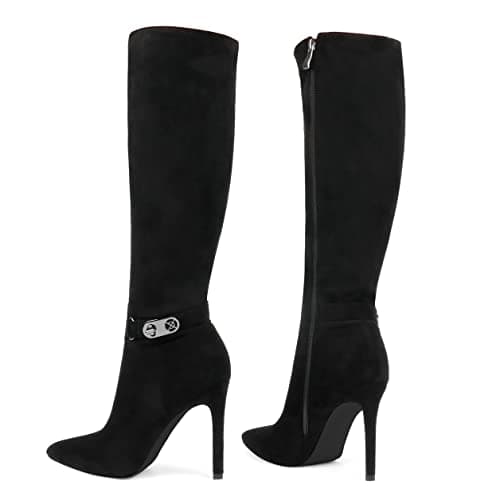 COLETER Women's Knee High Stiletto Buckle Dress Boots with Slouch Zipper — Black Suede
